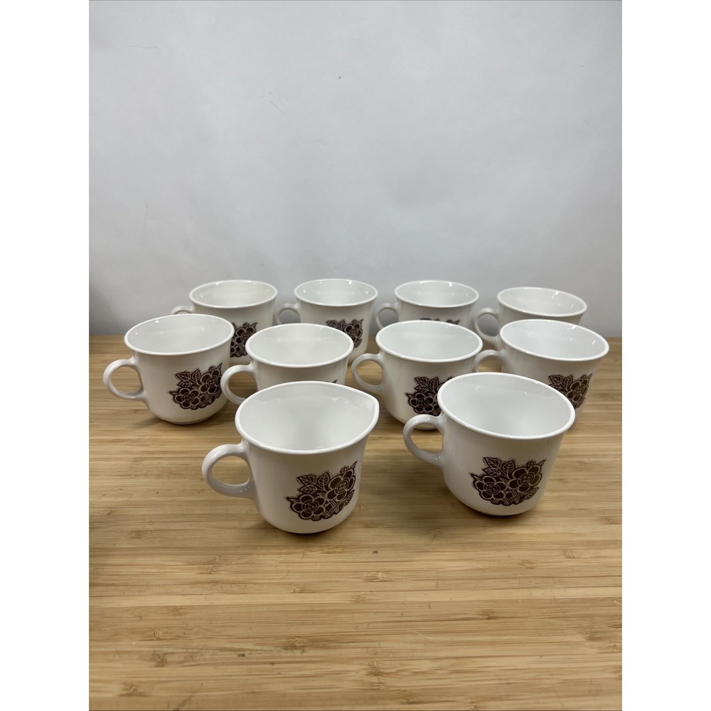 Vintage Corelle Batik Brown 9 Coffee Cups & Creamer Corning Floral USA